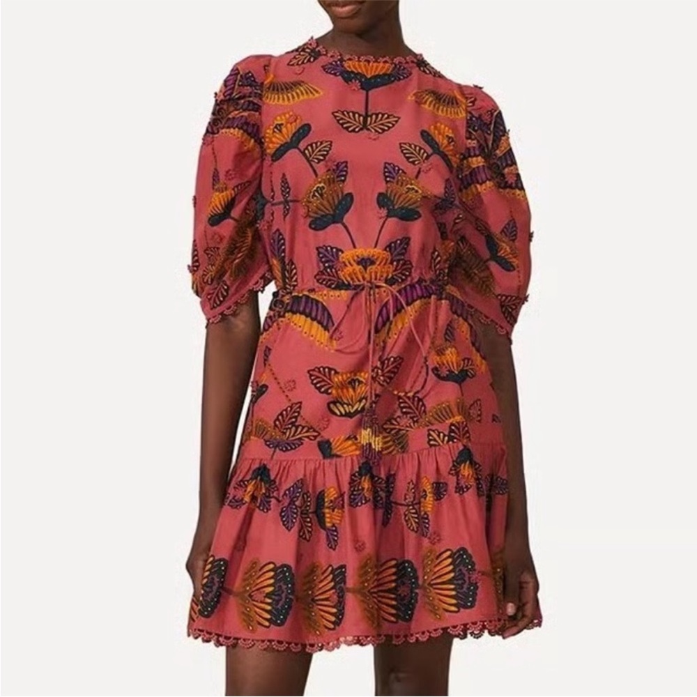 🦜Farm Rio In Living Bloom Puff Sleeve Beaded Tassel Cinch Waist Mini Dress large